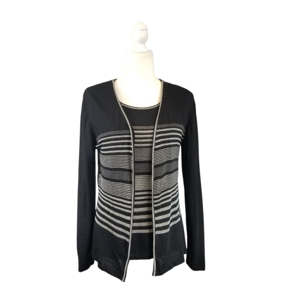 Escada black and silver striped twin set cardigan sleeveless top women's size 8 - Picture 1 of 9
